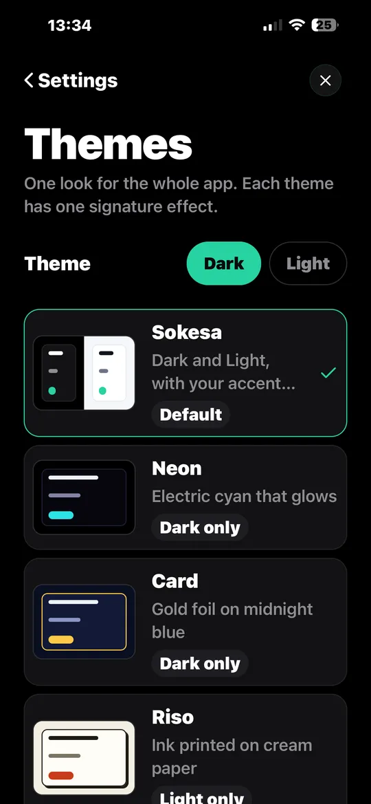 Sokesa Themes screen